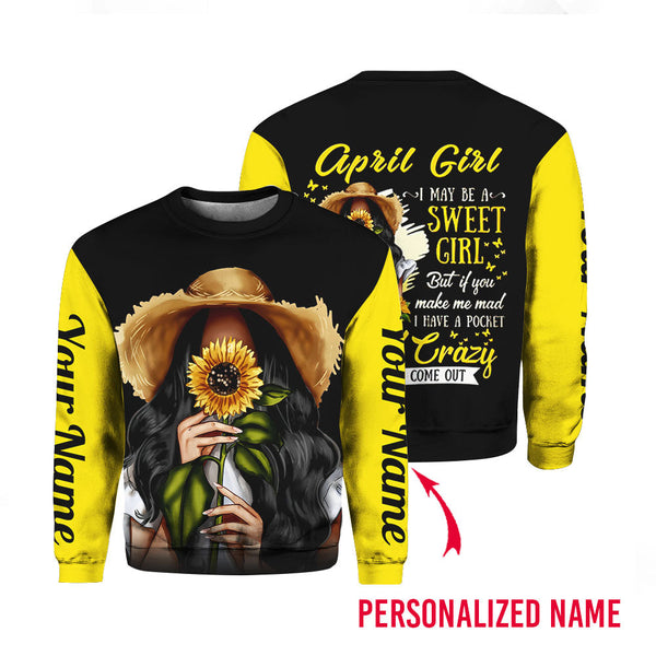 April Girl Sunflower Black And Yellow Custom Name Crewneck Sweatshirt For Men & Women