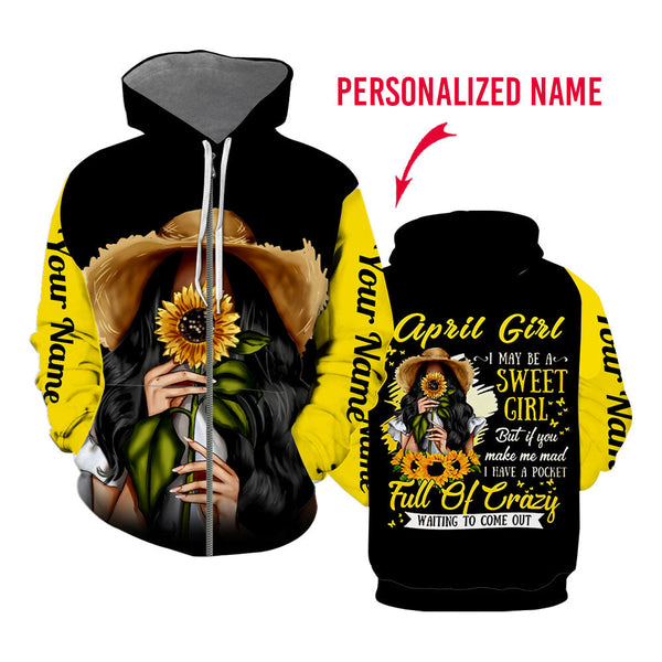 April Girl Sunflower Black And Yellow Custom Name Zip Up Hoodie For Men & Women
