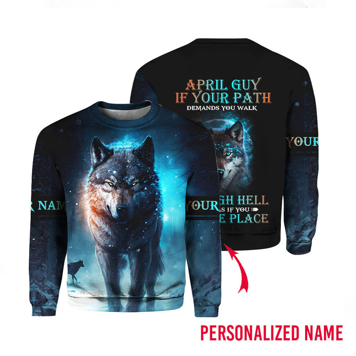 April Guy Zodiac Wolf Blue Light Birthday Custom Name Crewneck Sweatshirt For Men & Women