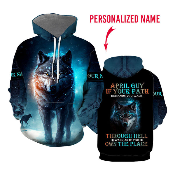 April Guy Zodiac Wolf Blue Light Birthday Custom Name Hoodie For Men & Women