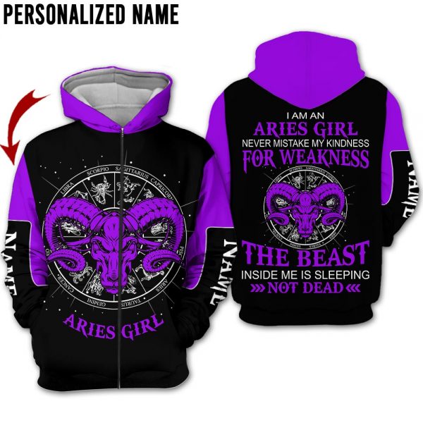 Aries Girl Custom Name Zip Up Hoodie For Men & Women