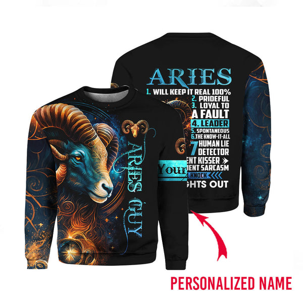 Aries Guy Zodiac Personality Birthday Custom Name Crewneck Sweatshirt For Men & Women