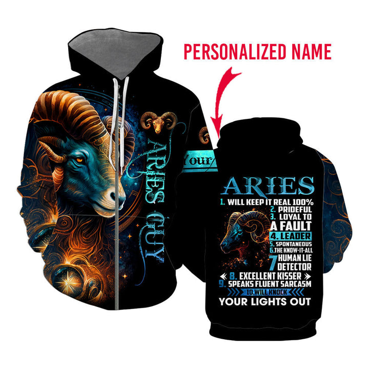 Aries Guy Zodiac Personality Birthday Custom Name Zip Up Hoodie For Men & Women