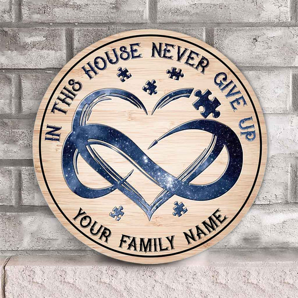In This House Never Give Up Custom Round Wood Sign WN1112