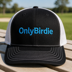OnlyBirdie Embroidered Trucker Hat - Front View, Black - White