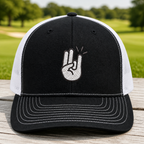 Two In Pink One In Stink Embroidered Trucker Hat - Front View, Black - White