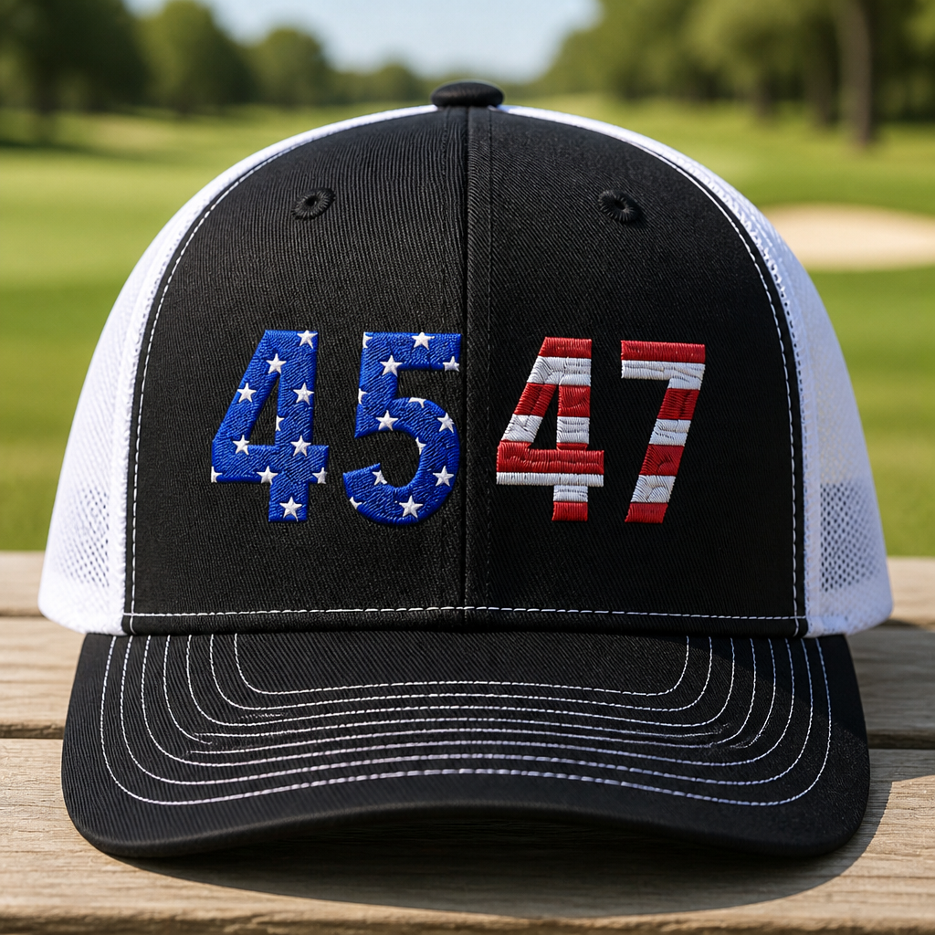 True American Embroidered Trucker Hat - Front View, Black - White