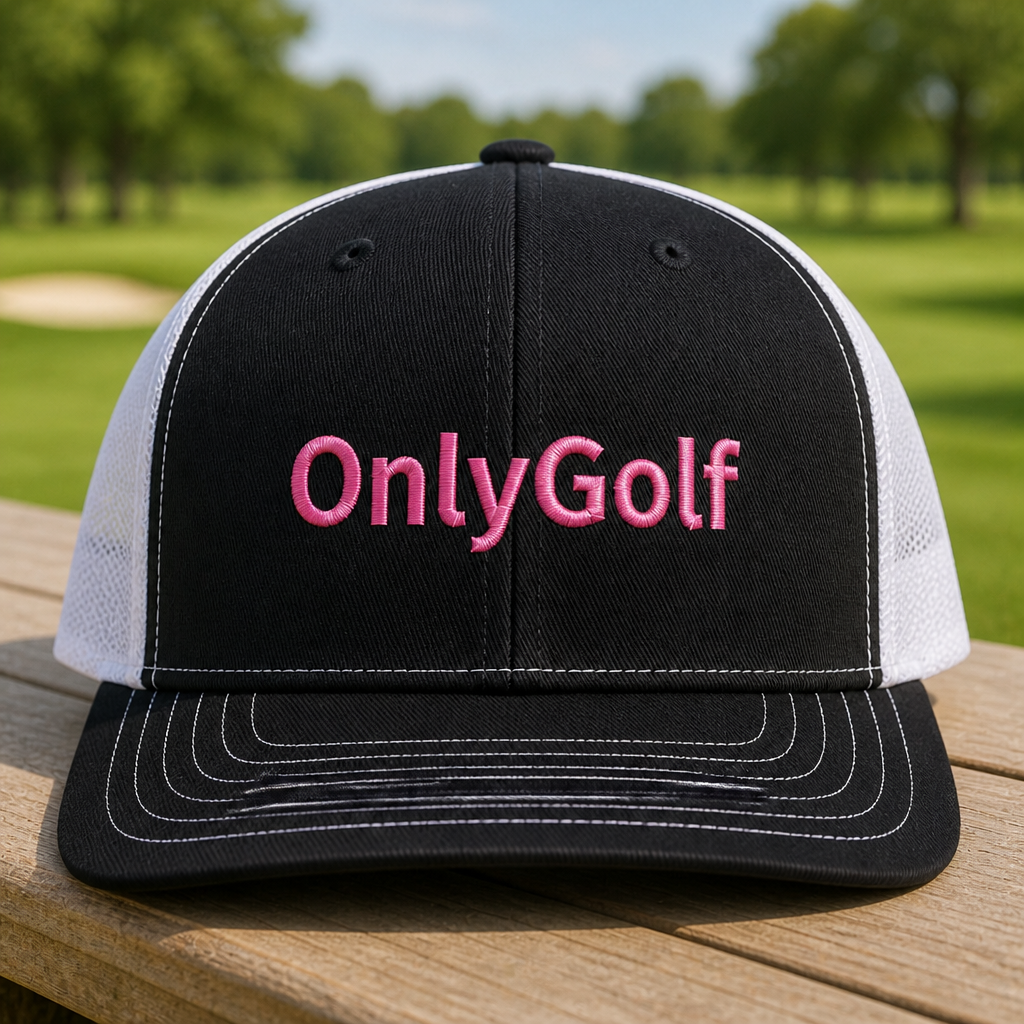 Only Golf Embroidered Trucker Hat - Front View, Black - White