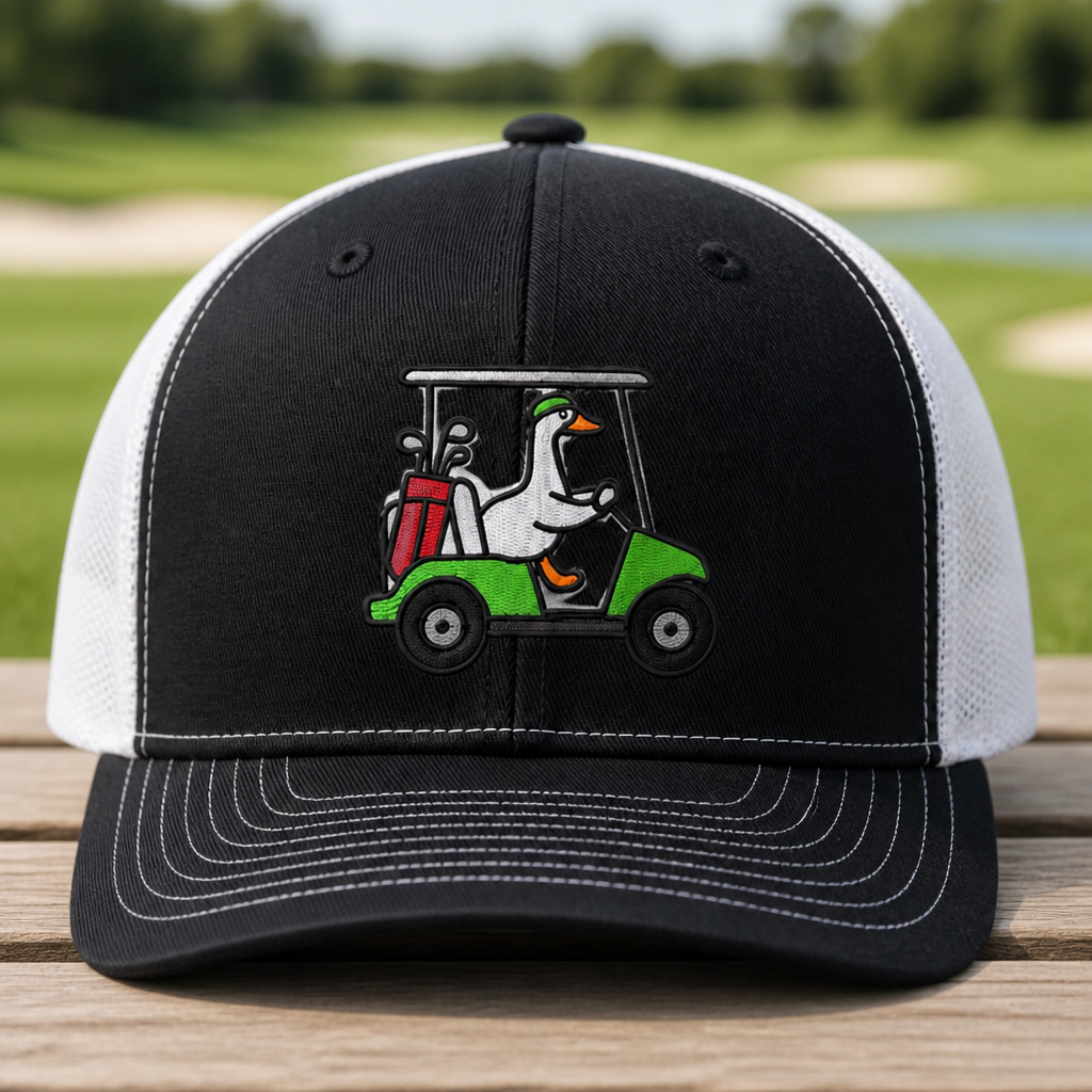 Duck Cart Embroidered Trucker Hat - Front View, Black - White