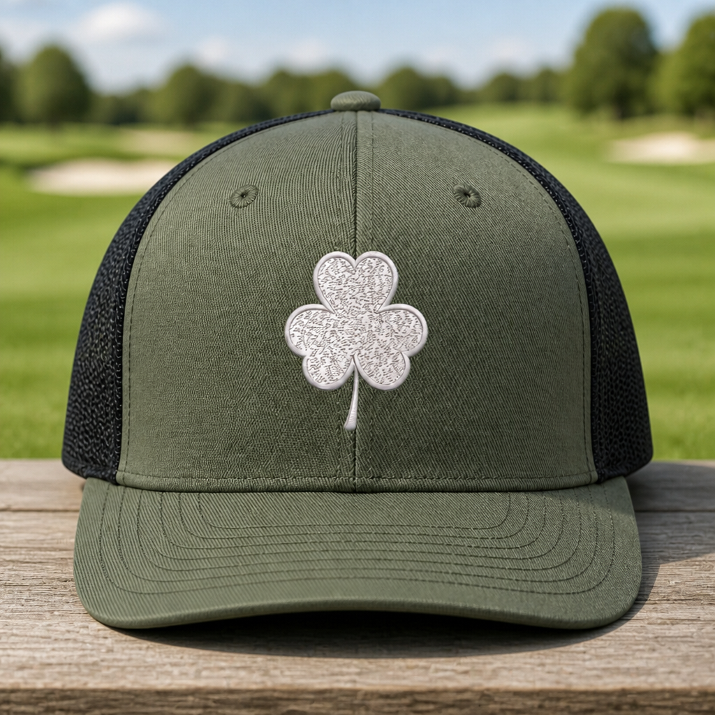Lucky Vibes Only Embroidered Trucker Hat - Front View, Loden - Black