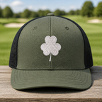 Lucky Vibes Only Embroidered Trucker Hat - Front View, Loden - Black