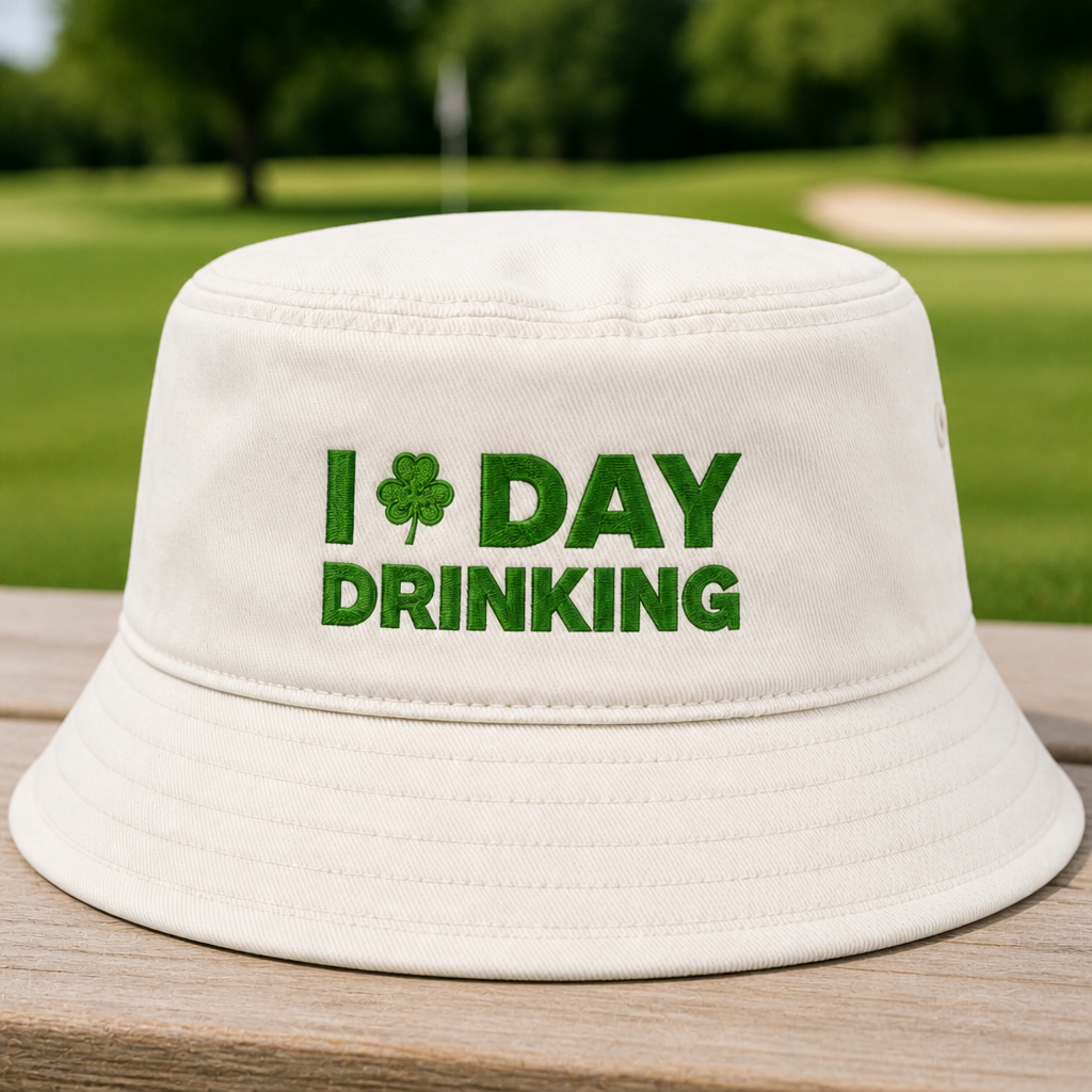 I Love Day Drinking Embroidered Bucket Hat - Front View, White