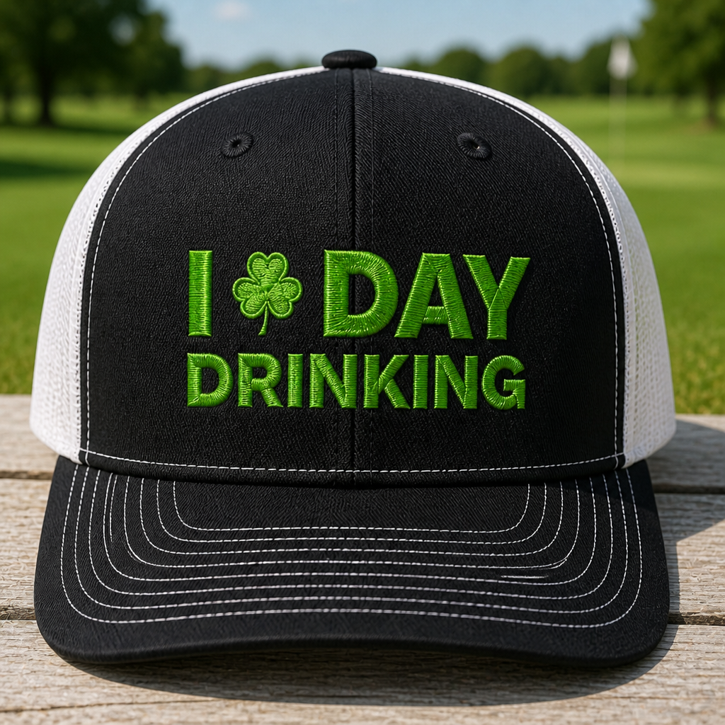 I Love Day Drinking Embroidered Trucker Hat - Front View, Black - White