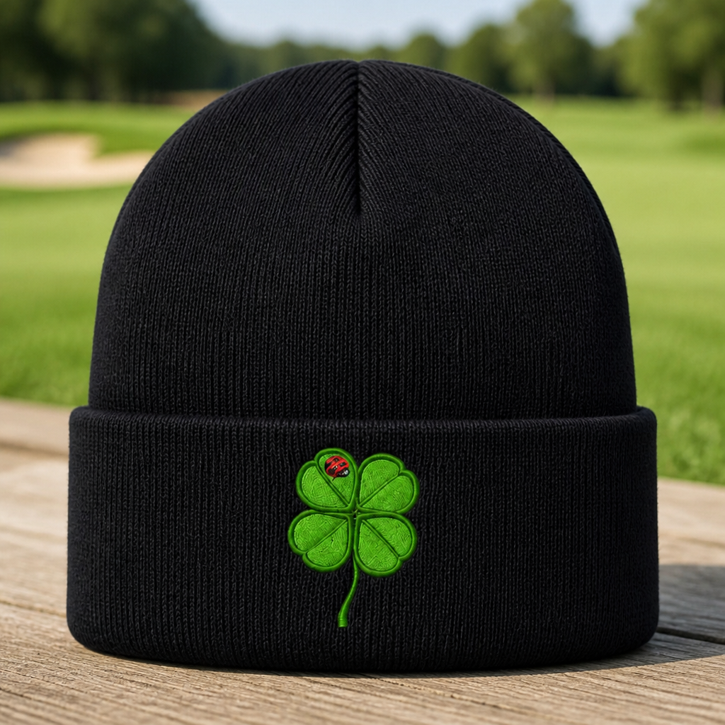 Lucky Clover Embroidered Beanie - Front View, Black
