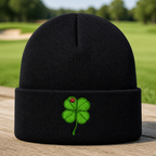 Lucky Clover Embroidered Beanie - Front View, Black