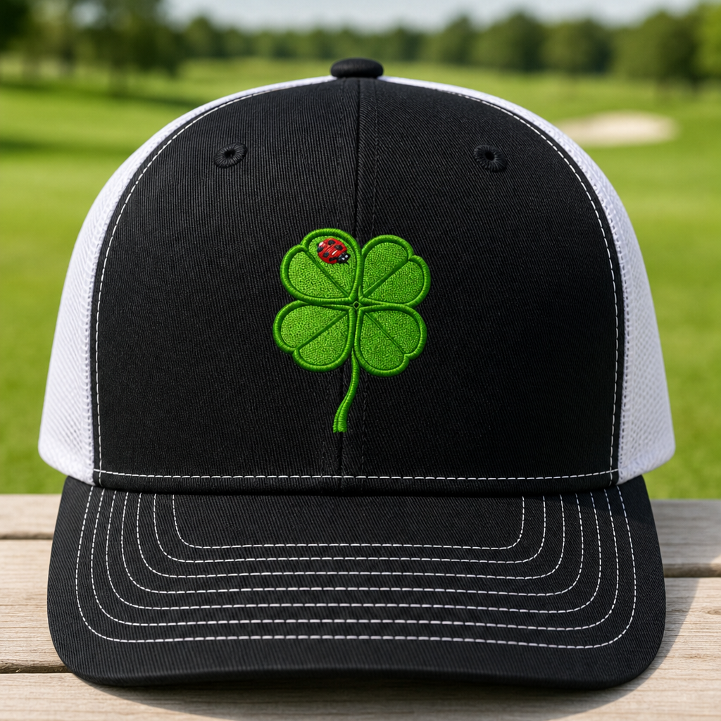 Lucky Clover Embroidered Trucker Hat - Front View, Black - White