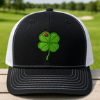 Lucky Clover Embroidered Trucker Hat - Front View, Black - White