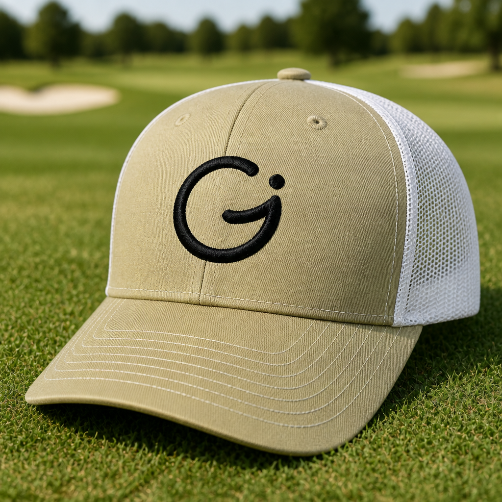 GerberaPrints Embroidered Trucker Hat - Lifestyle, Khaki - White