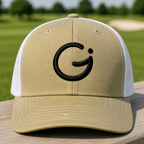 GerberaPrints Embroidered Trucker Hat - Front View, Khaki - White