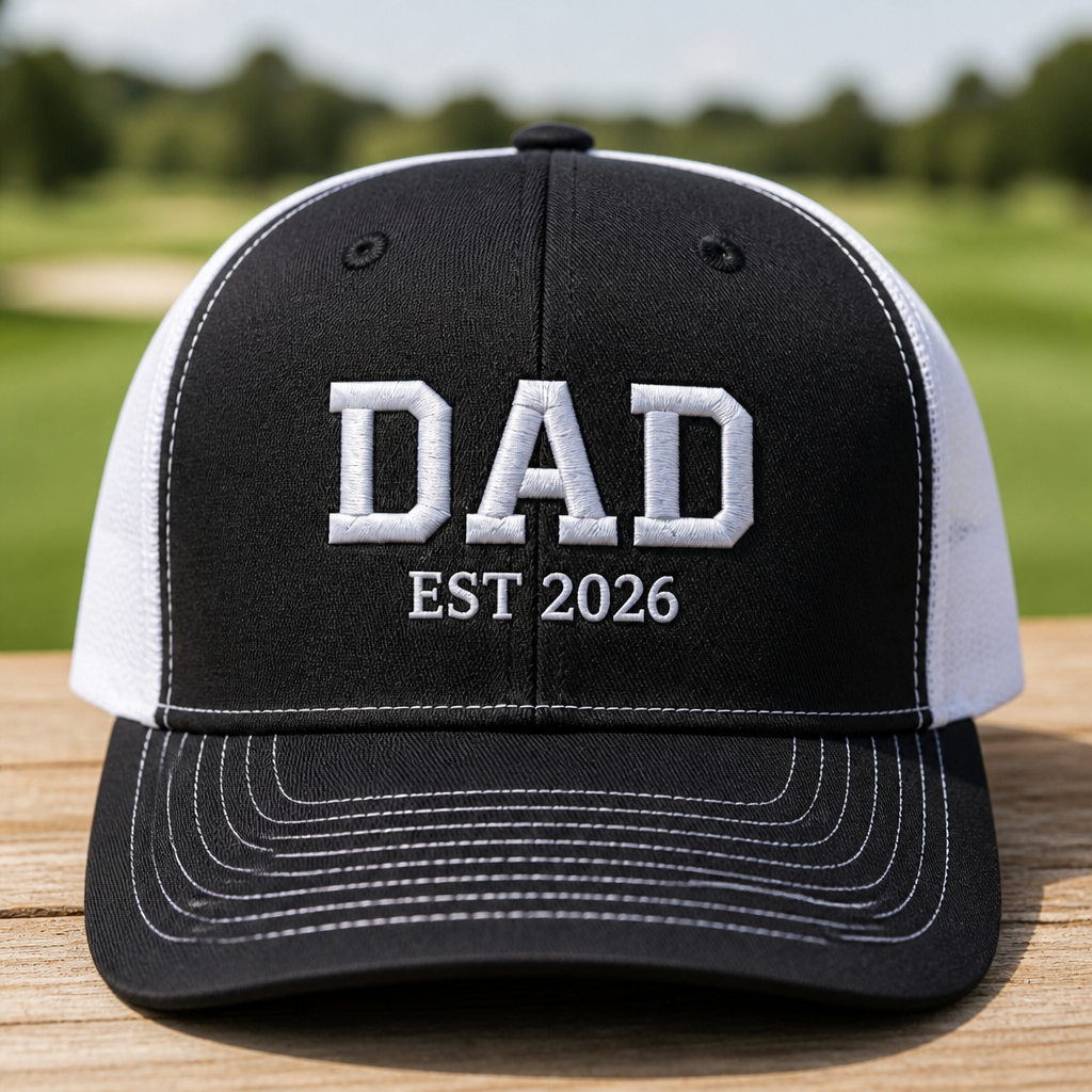 Golf Dad 2026 Embroidered Trucker Hat - Front View, Black - White