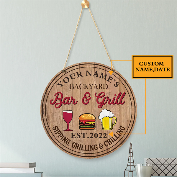 Backyard Bar & Grill Beer Custom Round Wood Sign | Home Decoration | Waterproof | WN1375-Colorful-Gerbera Prints.