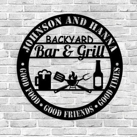 Backyard Bar & Grill Custom Cut Metal Sign | MN1413-Black-Gerbera Prints.