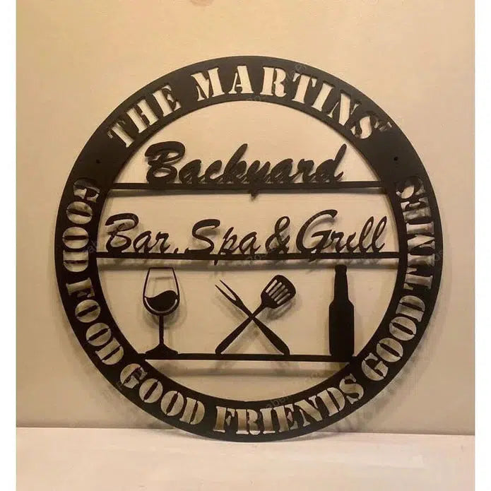 Backyard Bar Spa and Grill Good Food Good Friends Good Times Custom Cut Metal Sign | MN1541-Black-Gerbera Prints.