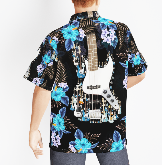 Bass Guitar Hibiscus Flowers Black Aloha Hawaiian Shirts For Men And For Women HW1665