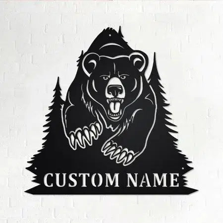Bear In Forest Metal Custom Name Laser Cut Metal Signs MN1699-Black-Gerbera Prints.