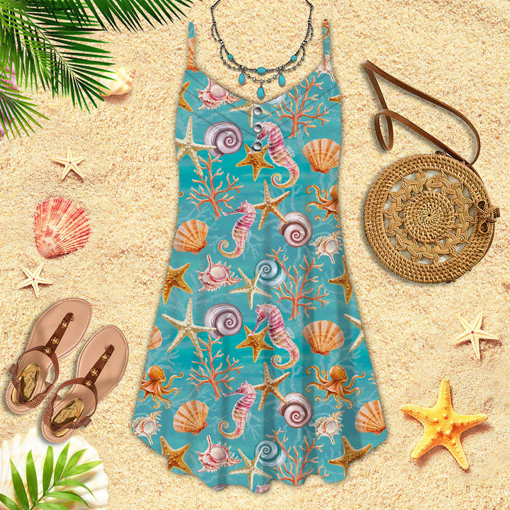 Beautiful Seashells Corals Spaghetti Strap Summer Dress | SD1312