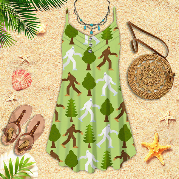 Bigfoot Sasquatch Green Forest Spaghetti Strap Summer Dress | SD1647