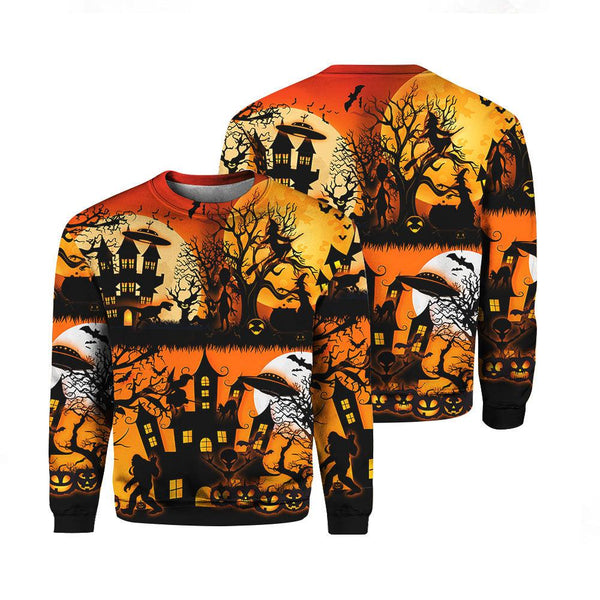 Bigfoot UFO Cat Halloween Crewneck Sweatshirt For Men & Women