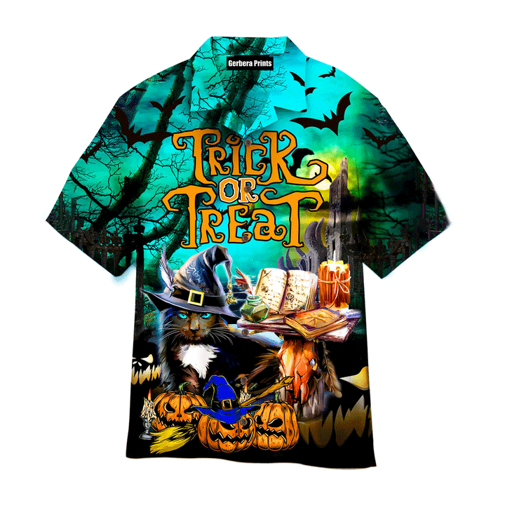 Black Cat Halloween Trick Or Treat Aloha Hawaiian Shirts For Men And For Women HW-FA1646 Gerbera Prints