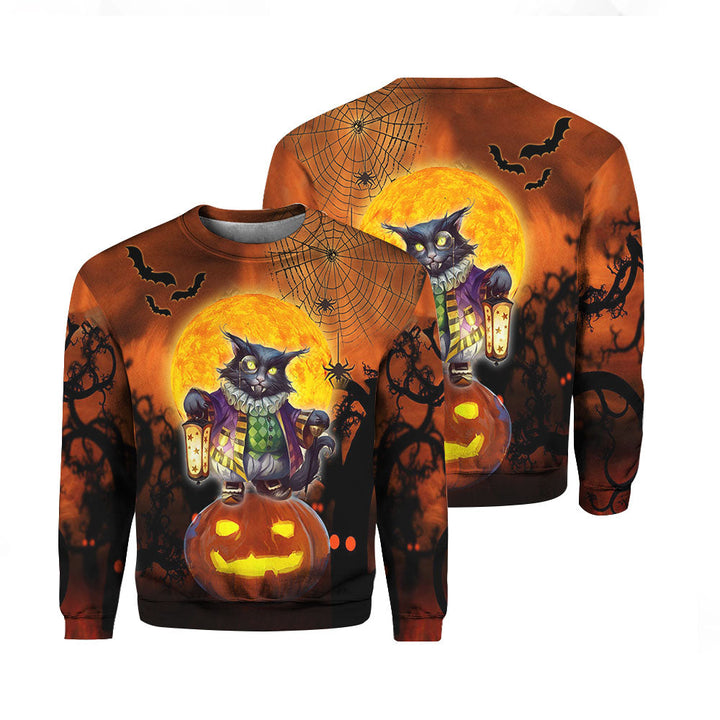 Black Cat Scary Pumpkin Happy Halloween Crewneck Sweatshirt For Men & Women