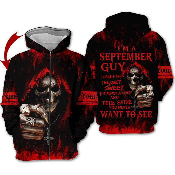 Black Red Skull September Guy Custom Name Zip Up Hoodie For Men & Women
