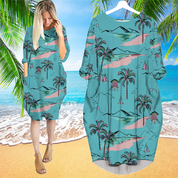 Blue Hawaii Island Long Sleeve Midi Dress | MD1346