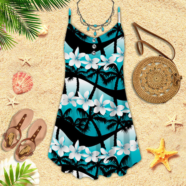 Blue Tropical Flowers With Palm Tree Spaghetti Strap Summer Dress | SD1736