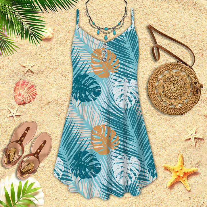 Blue Tropical Leaves Pattern Spaghetti Strap Summer Dress | SD1528