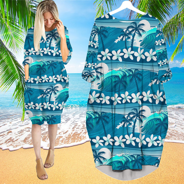 Blue Tropical Surfing Palm Trees Long Sleeve Midi Dress | MD1164