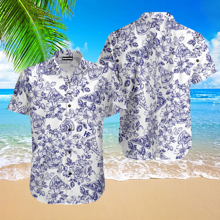 Blue Floral Pizza Pattern Shirt Hawaiian Shirt