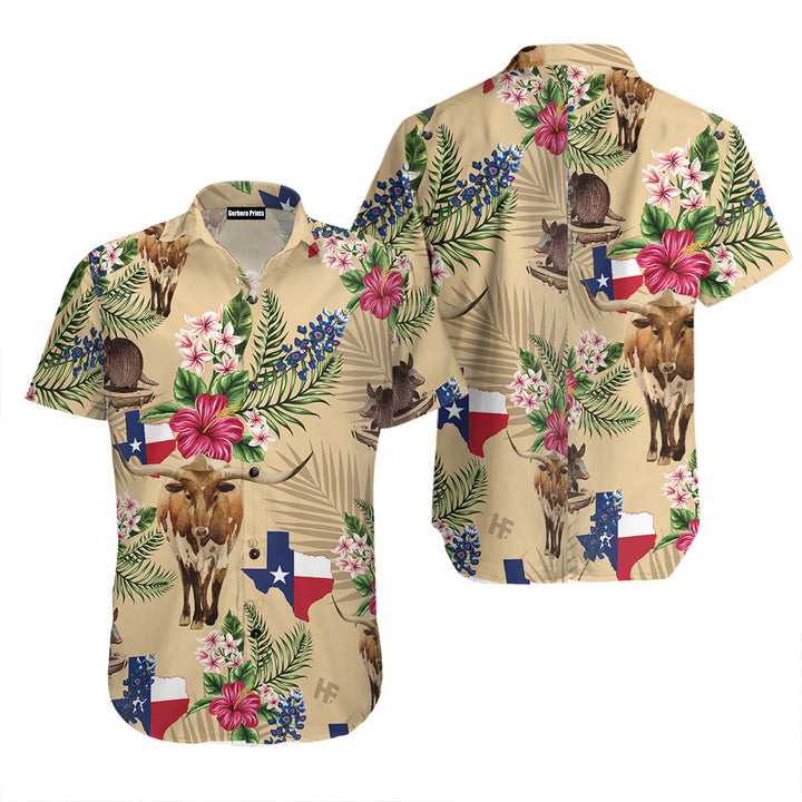 Brown Tribal Pattern Texas Armadillo And Longhorn Hawaiian Shirt