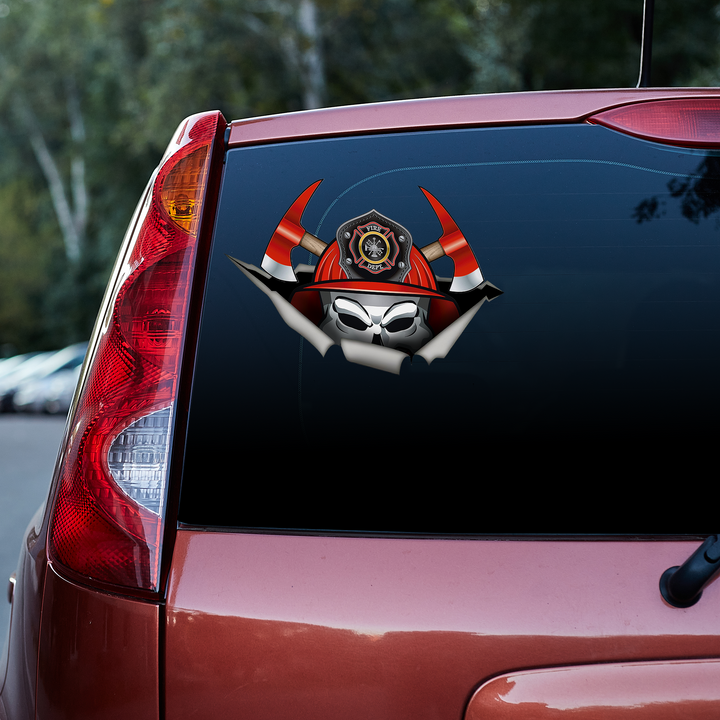 Fireman Skull Wearing A Helmet 3D Vinyl Car Decal Sticker