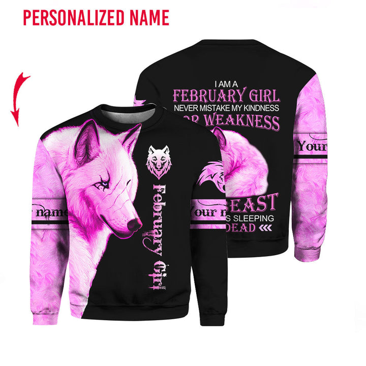 February Girl Wolf Pink Custom Name Crewneck Sweatshirt For Men & Women CN2683