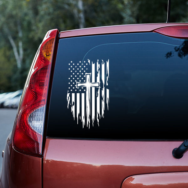 American Flag with Cross Vinyl Car Decal Sticker