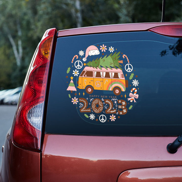 Hippie Bus Merry Christmas And Happy New Year Vinyl Car Decal Sticker 