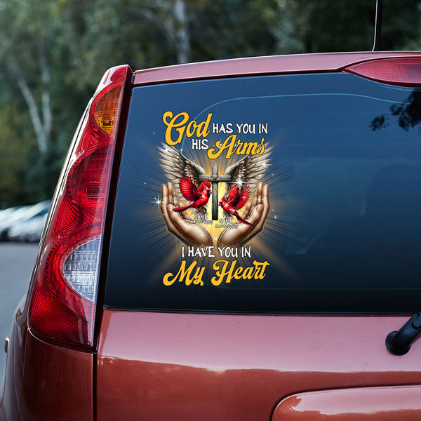 God Has You In His Arms Cardinal Memorial Custom Text Vinyl Car Decal Sticker