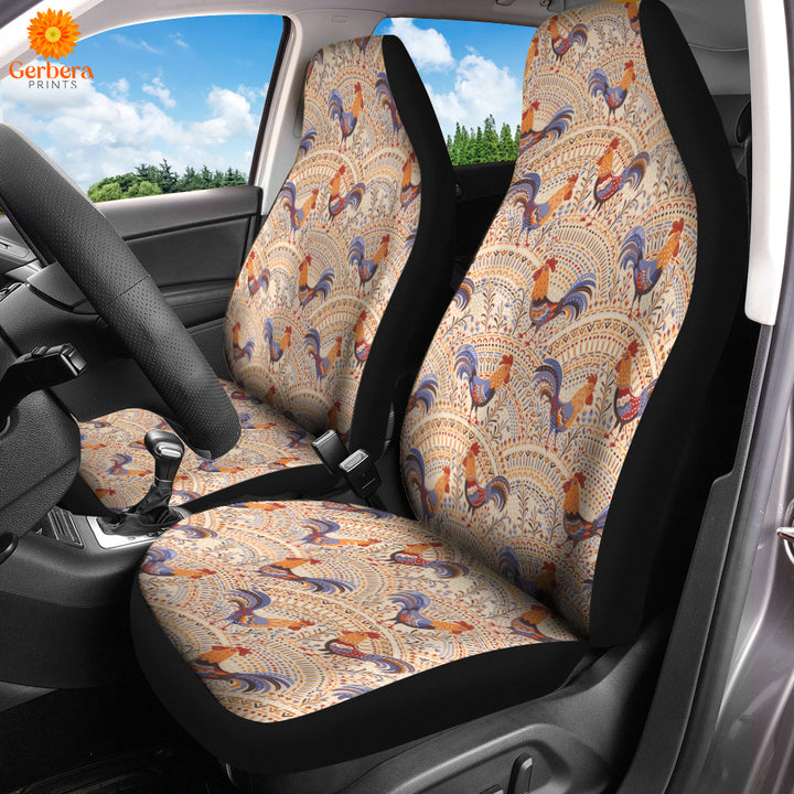 Chicken Roosters In Floral Ornament On A Beige Native Pattern Car Seat Cover Car Interior Accessories CSC5248