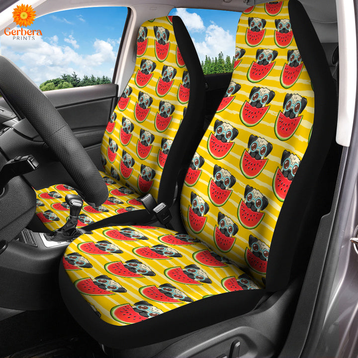 Funny Pug In Sunglasses Eating Watermelon Car Seat Cover Car Interior Accessories CSC5572