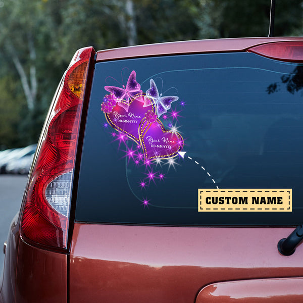 Purple Heart Love Butterflies Custom Text Vinyl Car Decal Sticker