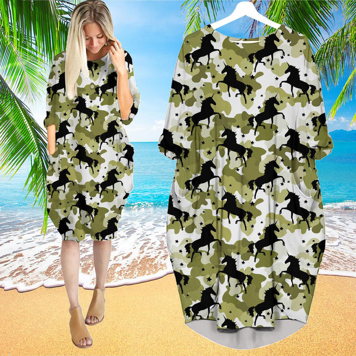 Camoflage Unicorns Long Sleeve Midi Dress | MD1413